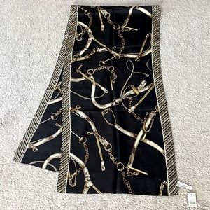 Talbots Outlet silk scarf, black with equestrian print. NWT